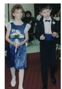 Boys suit has bowtie & cummerbund to match flower girls dress
